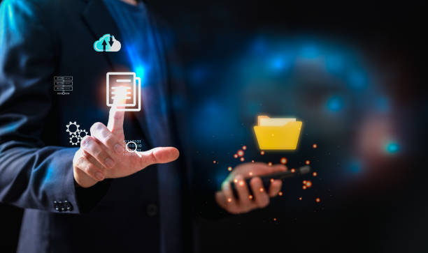 Hand holding virtual cloud computing with Global Internet connection. Business global internet connection application technology and access information, database, storage, Digital link tech, big data.